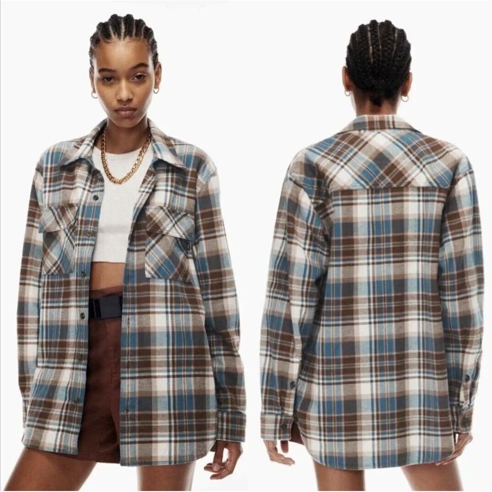 Aritzia Tna Plaid Oversized Button Up Beige Plaid Long Sleeve Shacket - Picture 8 of 8